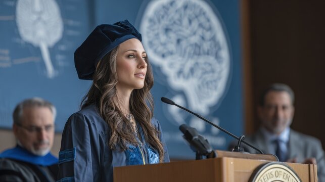 Midshot of a doctoral graduate presenting brain schematics at a podium symbolizing the triumph and intellectual rigor of defending a medical research thesis.