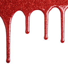 Red glitter paint drip isolated on transparent background  
