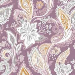 A purple and white floral pattern with a gold and tan background