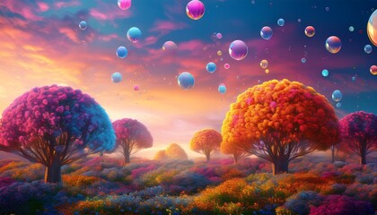a surreal and imaginative landscape featuring floating glowing orbs and ethereal colorful trees set against a vibrant kaleidoscopic sky