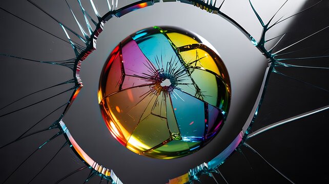 Broken glass with colorful circular lens reflection