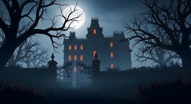 Eerie gothic mansion under a full moon with silhouetted trees and a wrought iron gate