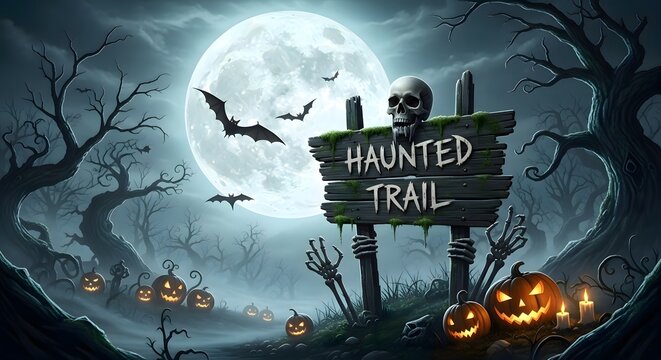 Spooky haunted trail sign illuminated by a giant full moon with bats flying amidst eerie forest scenery