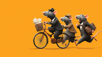 Funny rats in business suits riding bicycle together