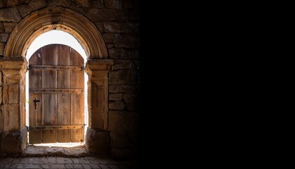 Fototapeta premium an ancient wooden doorway framed by weathered stone beckons to forgotten stories shadowed by on transparent background