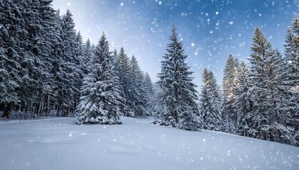 Obraz premium snow falling on pine trees in winter scenery