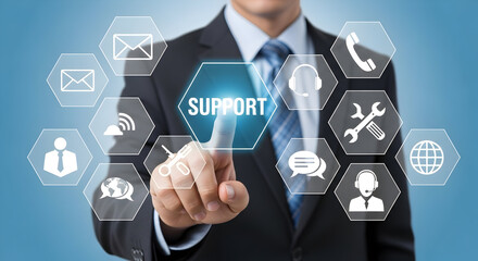 Professional businessman selecting digital support options with modern interface technology for customer service