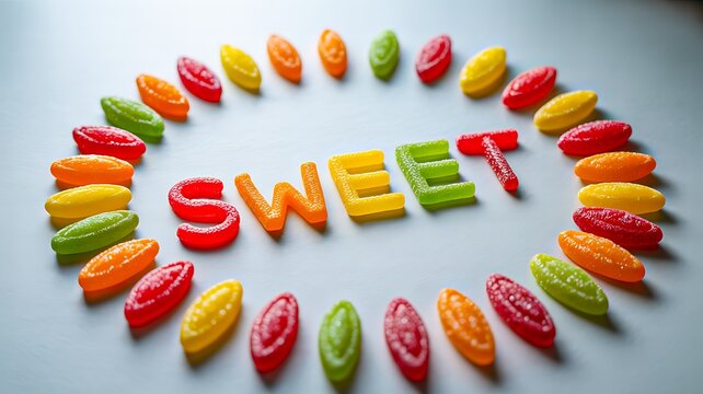 Colorful jelly candies arranged with sweet text on white background