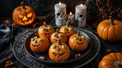 Halloween display with pumpkin-shaped treats, glowing jack-o'-lantern, candles and decorative spiderwebs