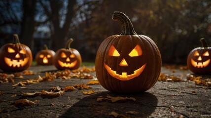 Lit, grinning jack-o'-lanterns on a path, autumn leaves, blurred background, dusk, spooky vibe