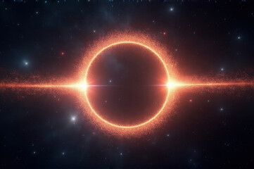 Obraz premium luminous orange ring resembling solar eclipse against starry night sky. cosmic phenomenon with glowing edges and space elements. astronomy, sci-fi themes. background, poster, digital art.