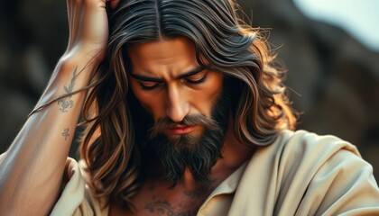 Portrait of a man with long hair and beard, eyes closed, looking contemplative