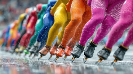 Speed skaters in vibrant colors glide across ice