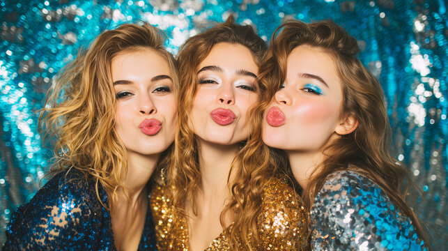 Three glamorous young women posing with kissy faces at a party