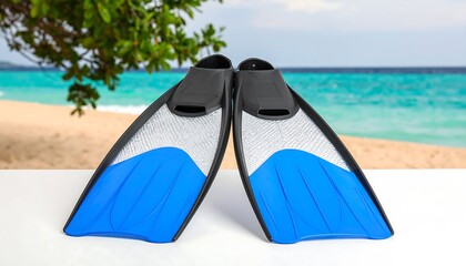 Blue and gray flippers on a white surface, beach background