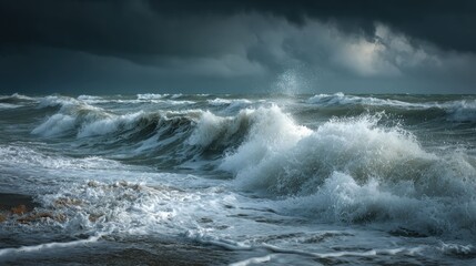 Stormy sea, dramatic waves crashing