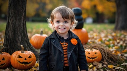 Young child in a jacket smiles outdoors with carved pumpkins and autumn foliage