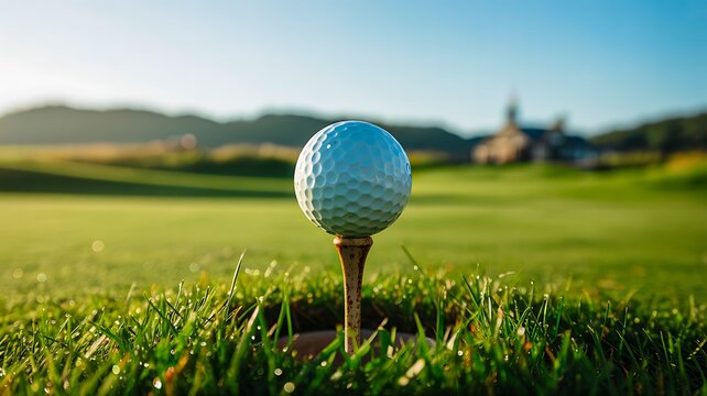 Golf ball on tee ready for game on green course in sunny weather