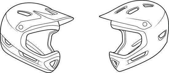 Two full-face helmets in outline vector art, designed for extreme sports and safety, showcasing a robust and protective headgear from different perspective views