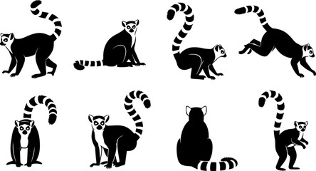 Ring-Tailed Lemur Silhouette Vector Set – Minimalist Lemur Illustrations on White Background
