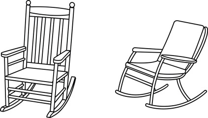 Vector line art drawing of rocking chairs, classic and modern design, traditional and contemporary furniture for home and garden, black and white outline