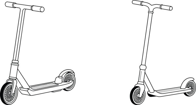 Vector outline illustration of electric and kick scooters, black and white drawing, urban transport for adults and children, two wheeled vehicle