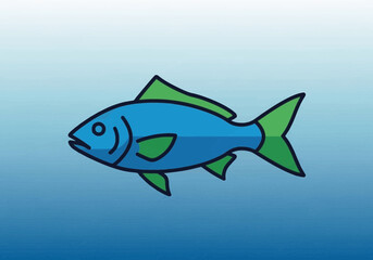 Obraz premium Blue cartoon fish swimming in the water on a blue gradient background.