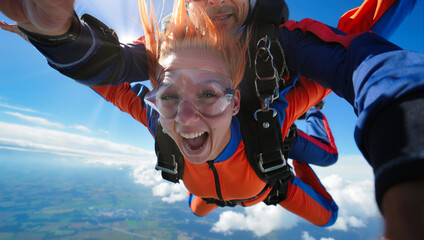 Tandem skydiving adventure: woman in action during an extreme sport parachute jump. Freefall from the sky.