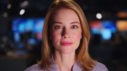 Medium shot highlighting a digital teleprompter text in crisp focus gently scrolling in sync with a blurred news anchors facial expressions illustrating realtime cadence