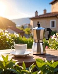 Coffee outdoors, morning sun