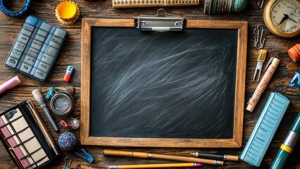 Back to school concept with blackboard surrounded by school supplies on wooden surface for - Powered by Adobe
