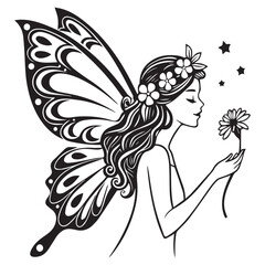 A captivating fairy with delicate wings, adorned with flowers in her hair, gracefully holds a flower while stars twinkle around her, isolated on white background