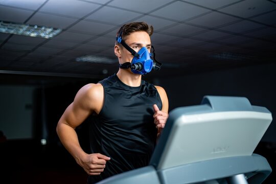 Male Athlete Training with Oxygen Mask on Treadmill in Gym - Powered by Adobe