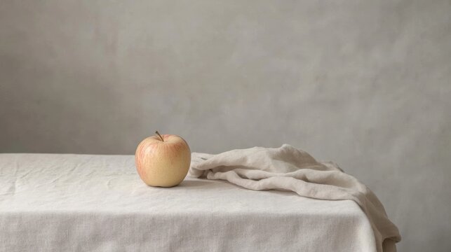 A single apple sits on a table next to a white cloth