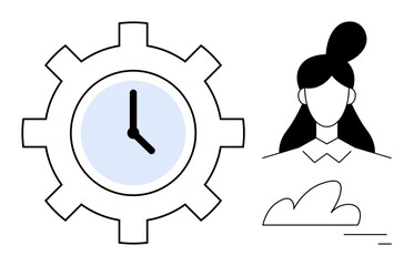 Clock within gear representing efficiency and productivity, woman symbolizing expertise, and cloud for connectivity. Ideal for teamwork, workflow, leadership, innovation, planning, career growth