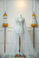 Elegant white bridal gown with intricate lace details, long sheer sleeves, and beaded embellishments, perfect for a traditional wedding or akad nikah ceremony.