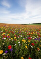Fototapeta premium Colorful Wildflower Meadow in Full Bloom Under Blue Sky