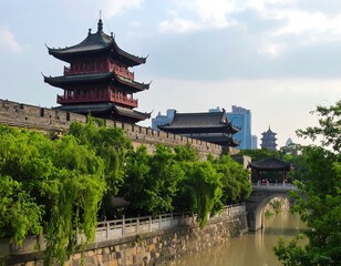 Naklejka premium Ancient Chinese city wall and pagoda