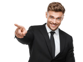 Smiling Man in Suit Pointing Forward transparent background