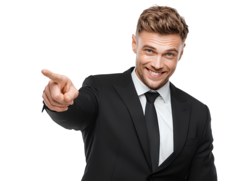 Smiling Man in Suit Pointing Forward transparent background