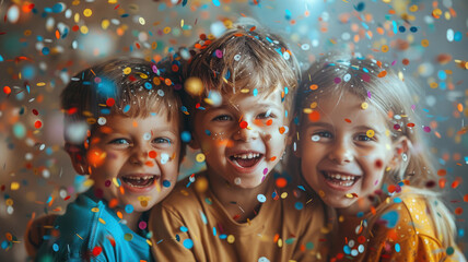 Three little kids, boys and girls, having fun joyfully at children's birthday party, confetti, balloons, playroom, entertainment, children's event, expressive emotions, happiness, delight, children