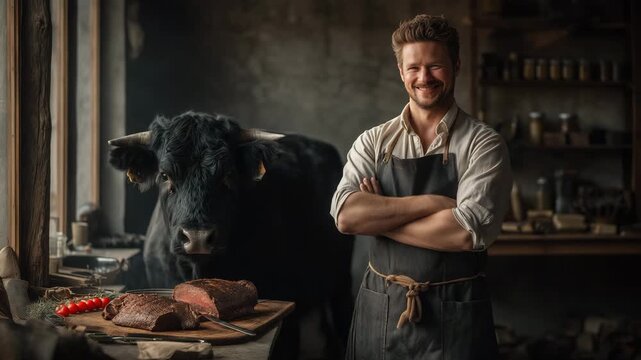 Traditioneller Landwirt mit Rind und frisch gebratenem Rinderfilet-Steak auf rustikalem Holztisch. K&uuml;nstliche Intelligenz KI