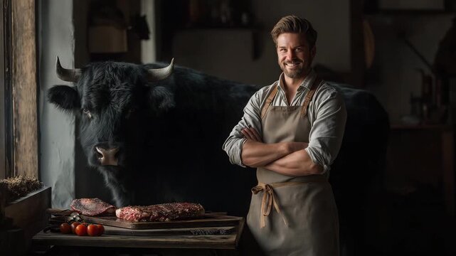Traditioneller Landwirt mit Rind und frisch gebratenem Rinderfilet-Steak auf rustikalem Holztisch. K&uuml;nstliche Intelligenz KI