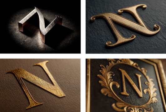 An elegant collection of embossed letter N logos in gold and bronze finishes, styled with classic Italian flair and luxury detailing, suitable for fine dining, branding, or upscale restaurant identity