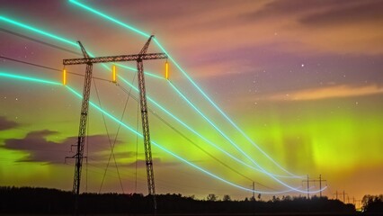 Electricity flow animation through transmission lines during aurora borealis