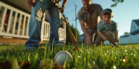 Family playing baseball in the backyard on a sunny morning