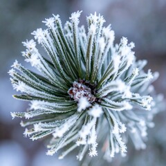 Fototapeta premium Icy Pine Branch Covered in Frost Crystals with a Soft Blurred Blue Background