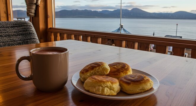 "Inviting Ushuaia Morning with Hot Chocolate, Pastries, and Panoramic Landscape"