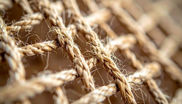 Detailed Macro Shot of Interwoven Beige Rope Netting With a Shallow Depth of Field
