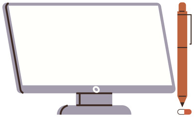 Blank computer monitor and pen. Ideal for technology, creativity, workspace, digital tools, office, design process simple flat metaphor. Line metaphor. Simple line icons